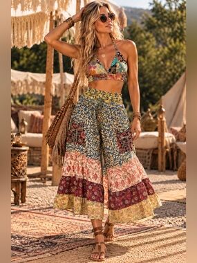Hippie Forever Boho Patchwork 2 Piece Set Halter Tiered Wide Leg Pants Festival